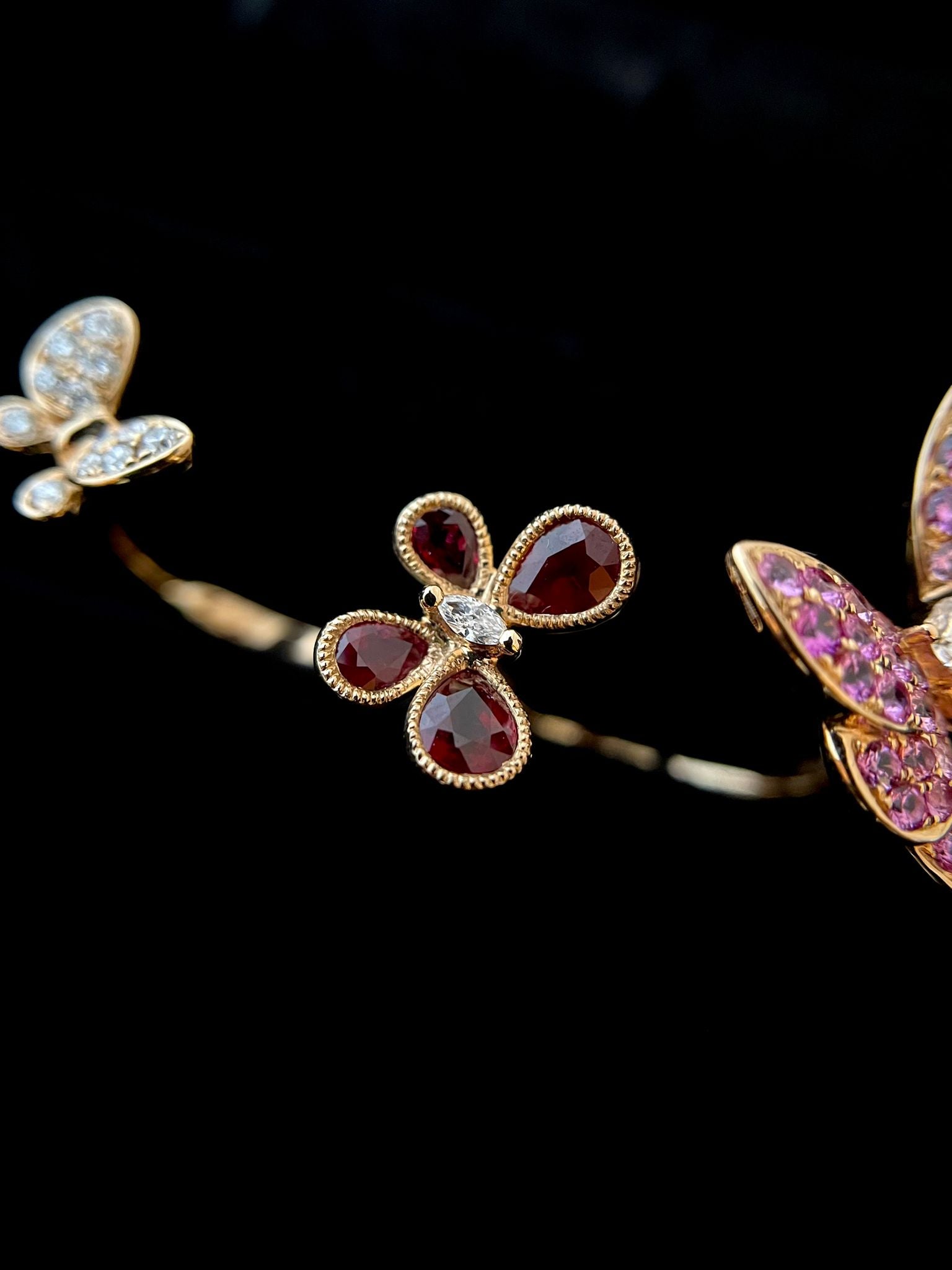 Tri-Butterfly Gem Diamond Ring